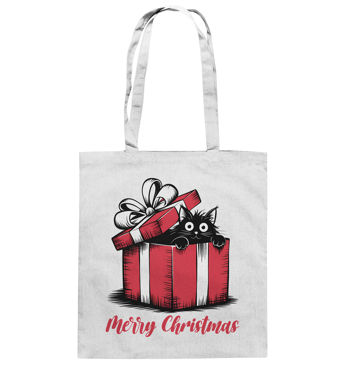 Merry Christmas. Schwarze Katze im Geschenkkarton. - Baumwolltasche