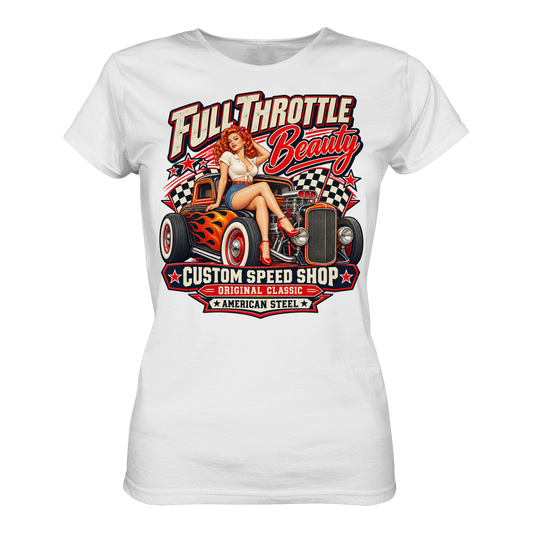 Full Throttle Beauty – Vintage Rockabilly Damen T-Shirt von FreakyTiki in Weiß – Produktansicht des Motivs