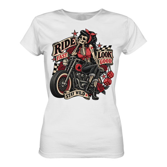Ride Fast, Look Good, Stay Wild – Rockabilly Damen T-Shirt von FreakyTiki in Weiß – Produktansicht des Motivs