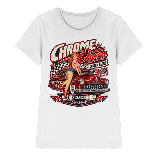 Chrome Queen – Retro Rockabilly Pin-up Damen T-Shirt von FreakyTiki in Weiß – Produktansicht des Motivs