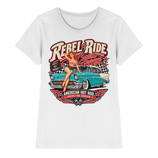 Rebel Ride – Custom Garage Pin-up Damen T-Shirt von FreakyTiki in Weiß – Produktansicht des Motivs