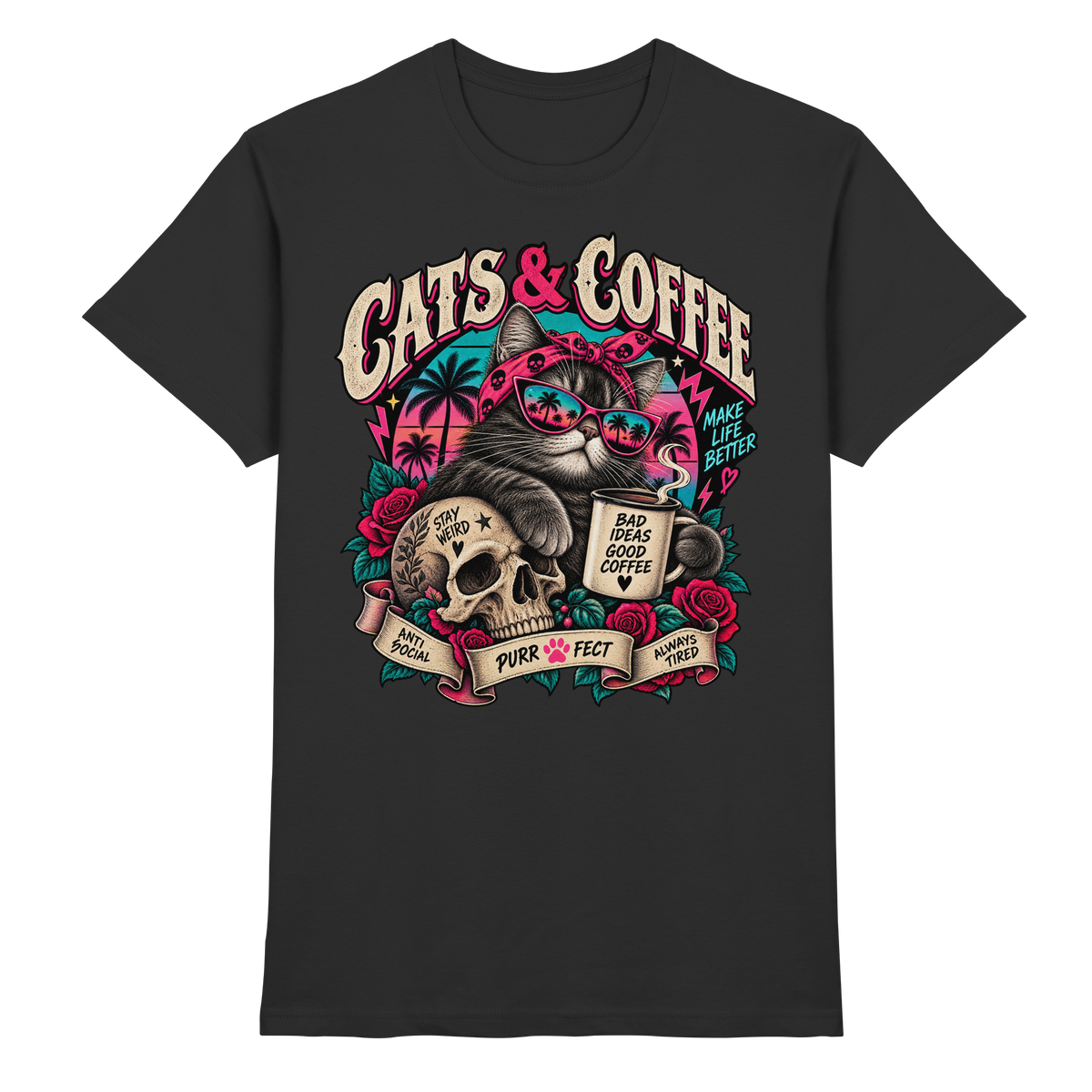 Cats & Coffee – Retro Cat T-Shirt