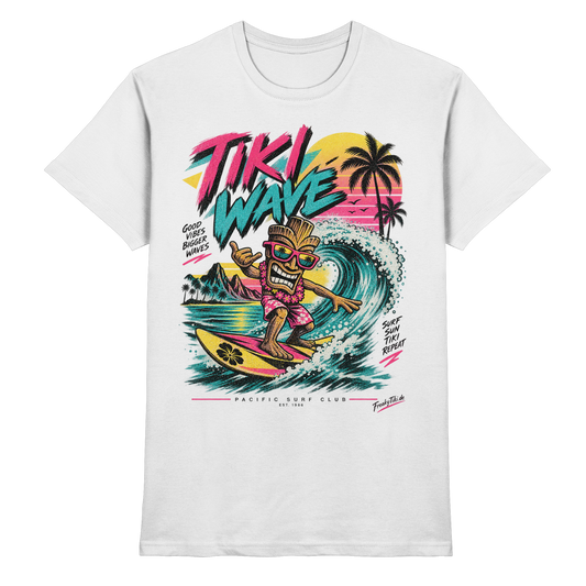 Tiki Wave – Good Vibes 80er Surfer T-Shirt von FreakyTiki in Weiß – Motivansicht 1