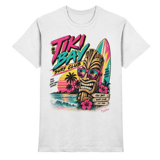 Tiki Bay Surf Club – 80er Retro Surfer T-Shirt von FreakyTiki in Weiß – Motivansicht 1