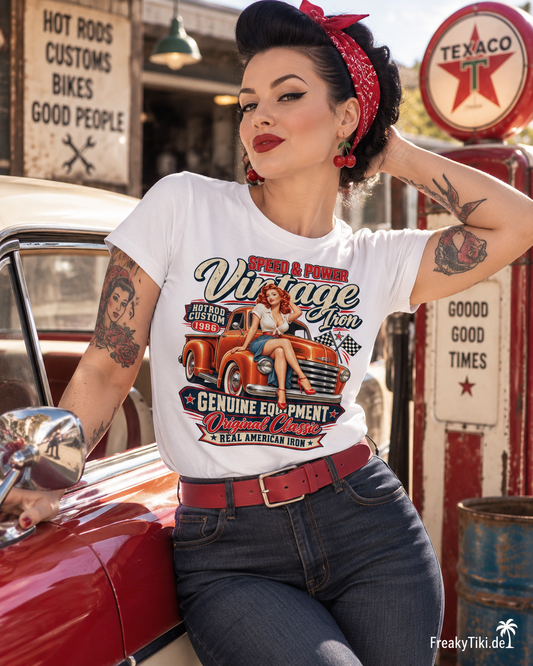 Vintage Iron Original Classic – Rockabilly Damen T-Shirt von FreakyTiki in Weiß – Produktvisualisierung 2