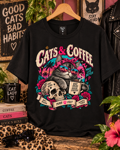 Cats & Coffee – Retro Cat T-Shirt