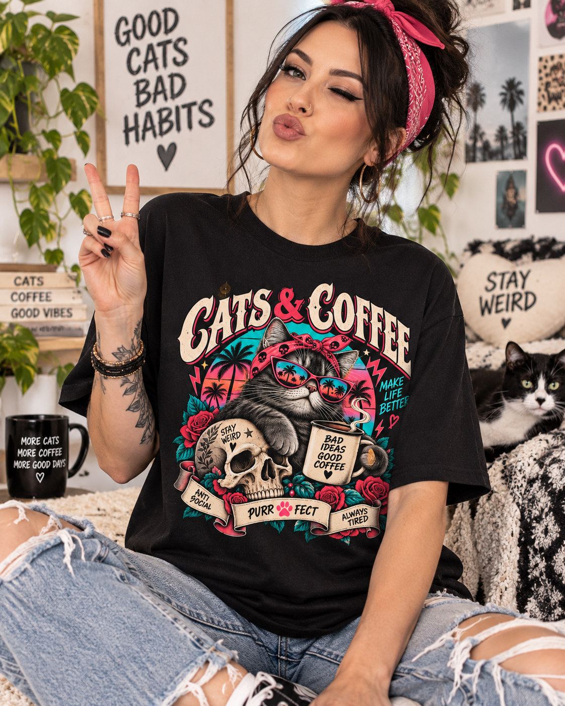 Cats & Coffee – Retro Cat T-Shirt