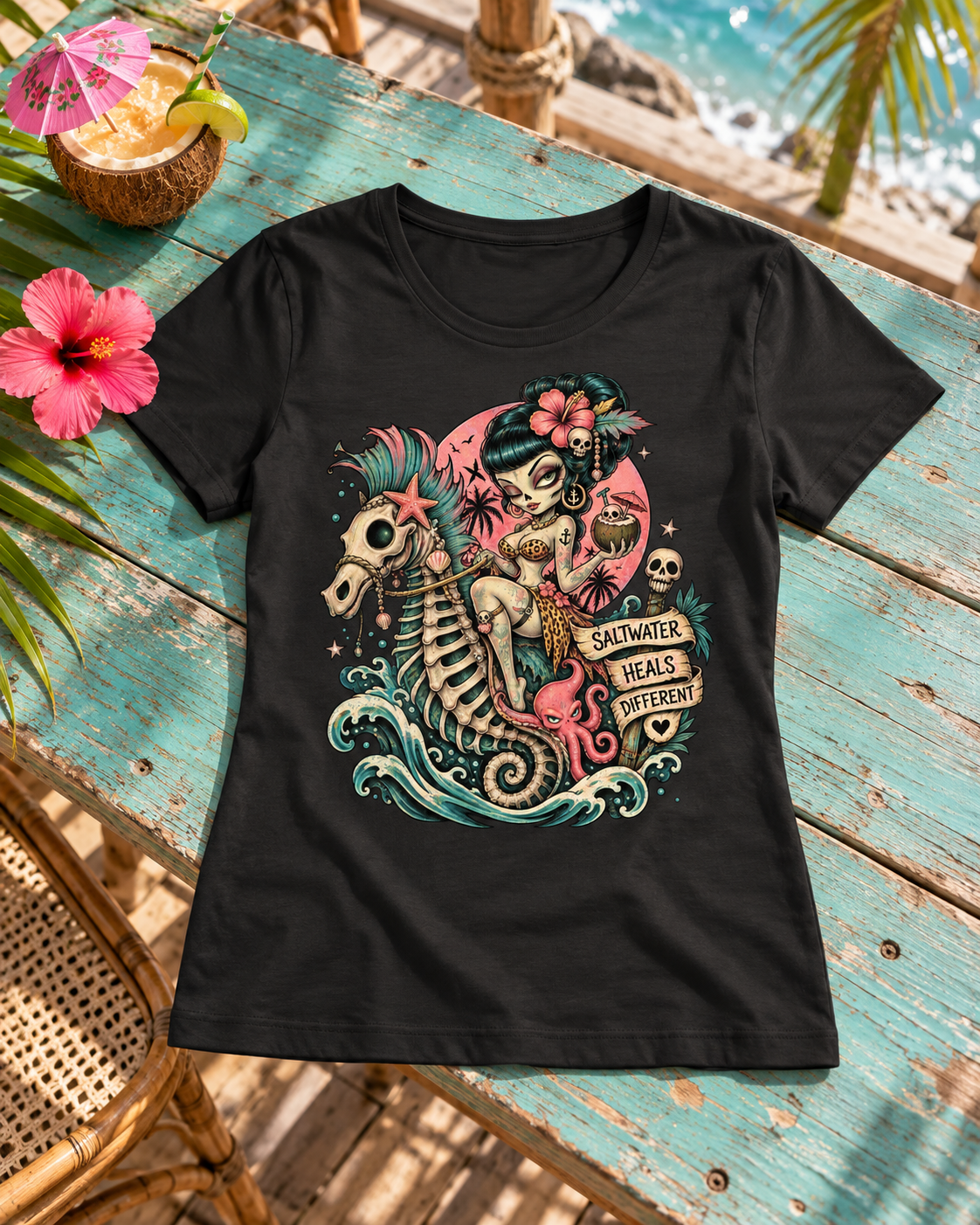 Aloha Skully Girl – Seepferdchen Gothic Rockabilly Ladies T-Shirt
