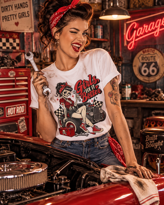 Girls Fix It Better – Rockabilly Garage Ladies T-Shirt
