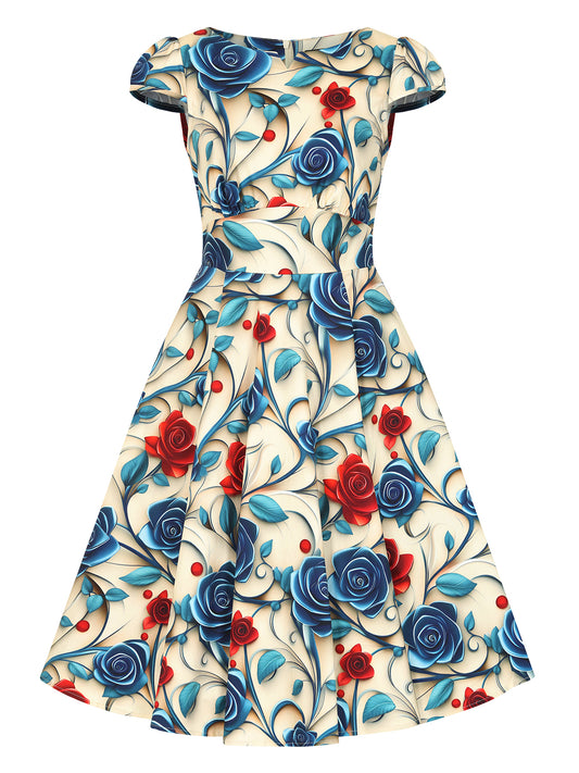 Das Elowen Floral Swing Dress von vorne auf weißem Hintergrund fotografiert