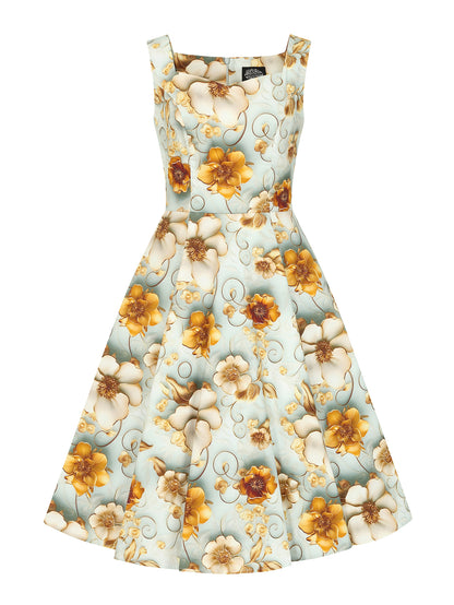 Das Mavis Floral Swing Dress von vorne auf weißem Hintergrund fotografiert