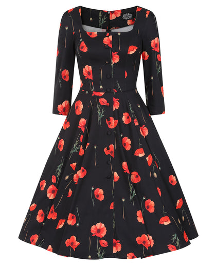 Rain Dress – schwarzes Kleid mit roten Mohnblumen und Taschen