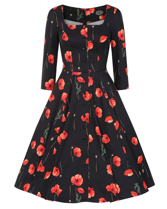 Rain Dress – schwarzes Kleid mit roten Mohnblumen und Taschen