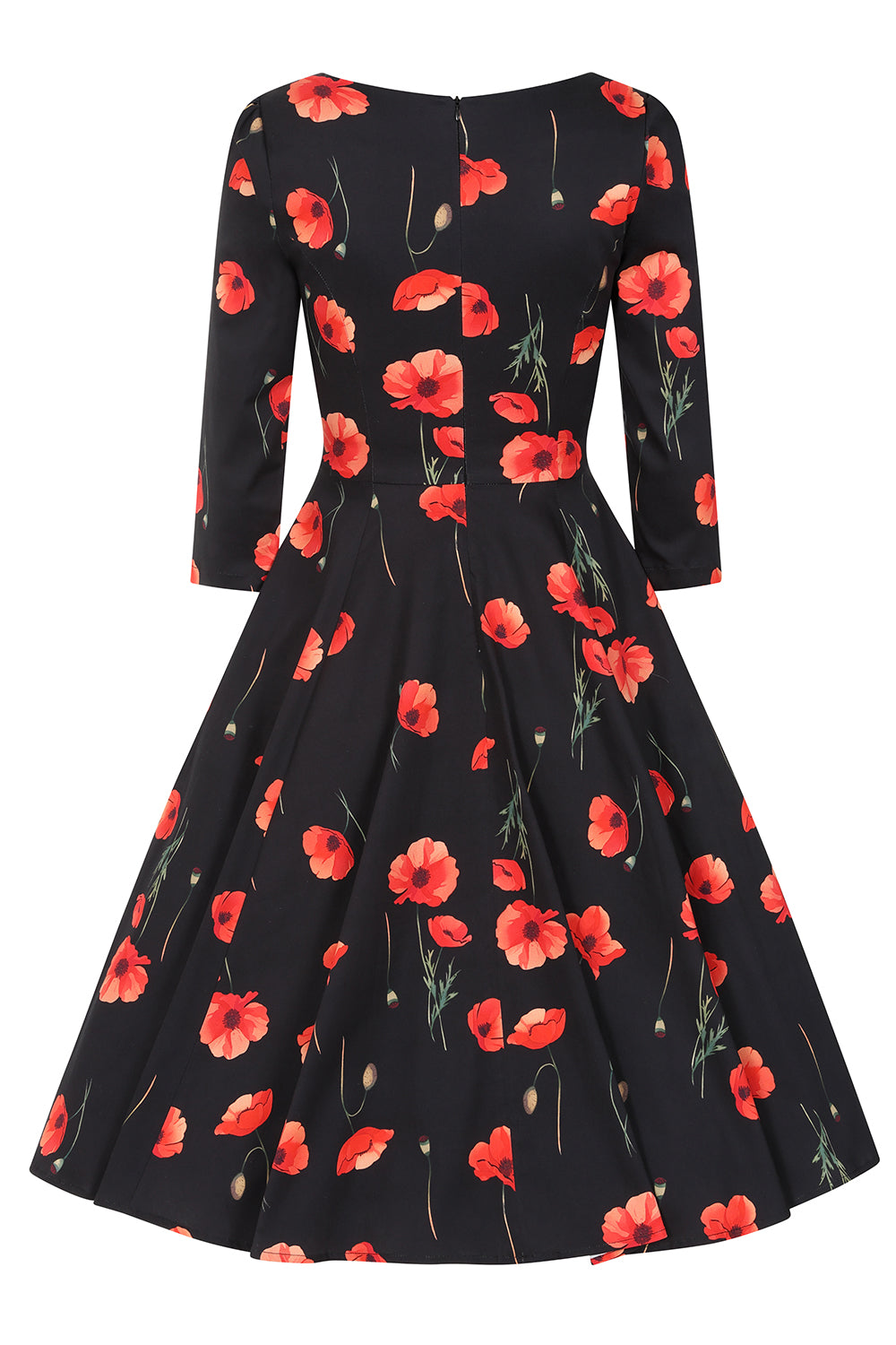 Rain Dress – schwarzes Kleid mit roten Mohnblumen und Taschen