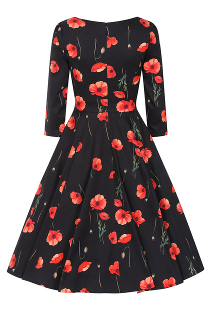 Rain Dress – schwarzes Kleid mit roten Mohnblumen und Taschen