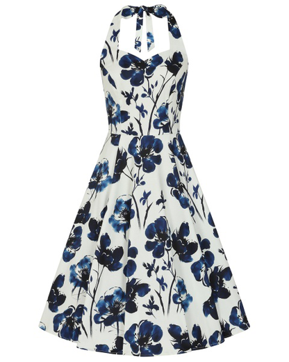 Indigo Romance Neckholder - Rockabilly Kleid mit blauen Blumen