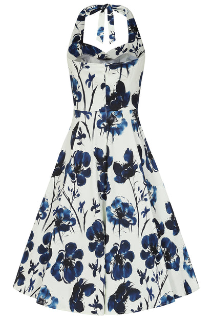 Indigo Romance Neckholder - Rockabilly Kleid mit blauen Blumen