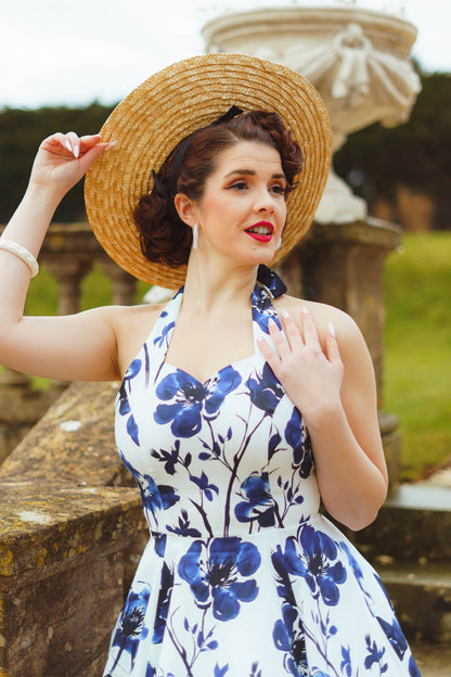 Indigo Romance Neckholder - Rockabilly Kleid mit blauen Blumen