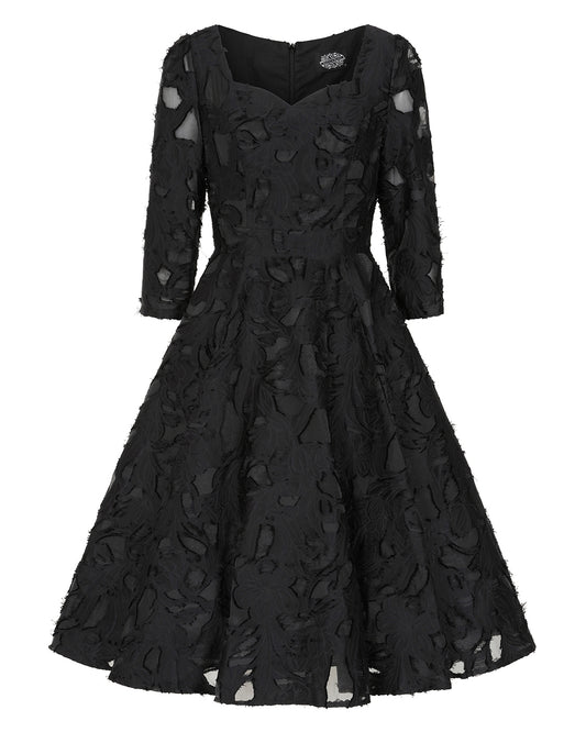 Noir Flora – schwarzes Blütenkleid mit Herzausschnitt