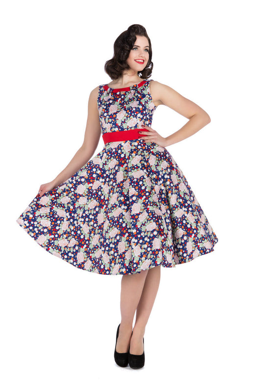 Navy Dot & Roses Dress - 50s Kleid mit Rosen und Punkten