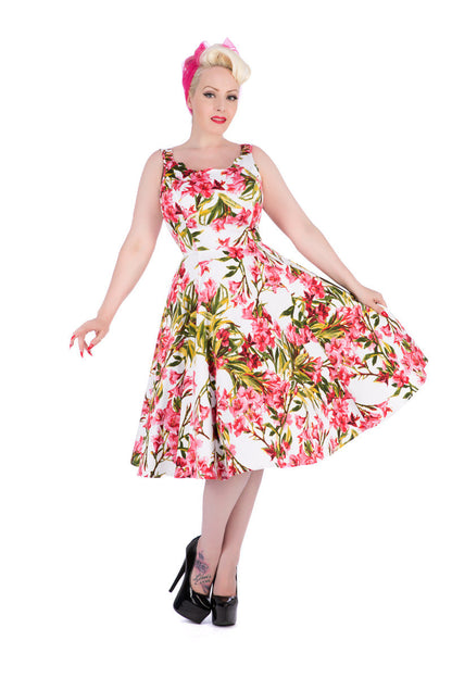 Pink Maureen Dress - Retro Kleid mit tropischen Blumenmuster