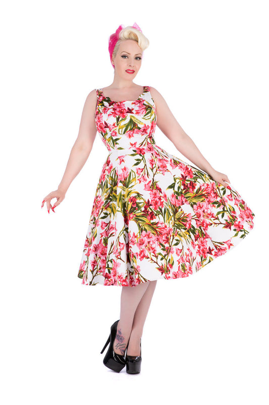 Pink Maureen Dress - Retro Kleid mit tropischen Blumenmuster