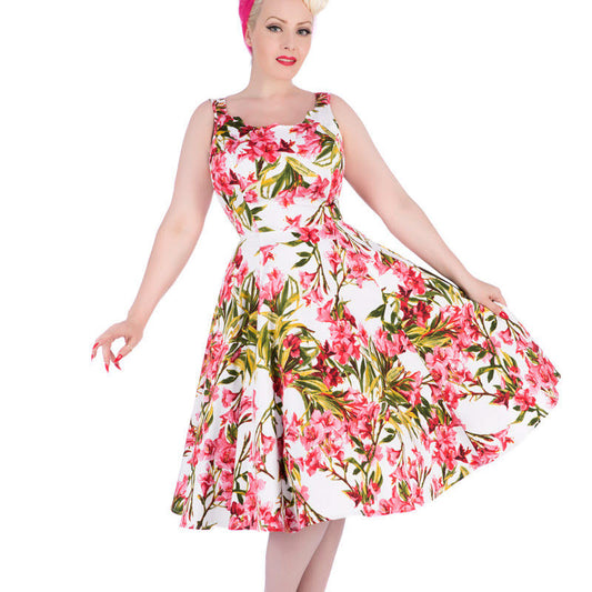 Pink Maureen Dress - Retro Kleid mit tropischen Blumenmuster