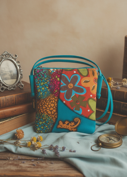 Bunte Patchwork-Schultertasche aus Baumwolle mit floralem Muster und blauem Trageriemen vor hellem Hintergrund auf blauer decke