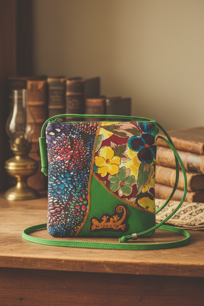 Bunte Patchwork-Schultertasche aus Baumwolle mit floralem Muster und grünem Trageriemen auf Holztisch.