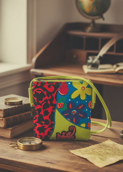 Bunte Patchwork-Schultertasche aus Baumwolle mit floralem Muster und grünem Trageriemen auf Holztisch.