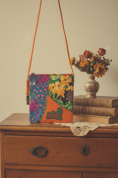 Bunte Patchwork-Schultertasche aus Baumwolle mit floralem Muster und orangem Trageriemen auf Kommode