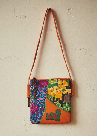 Bunte Patchwork-Schultertasche aus Baumwolle mit floralem Muster und orangem Trageriemen an heller Wand.