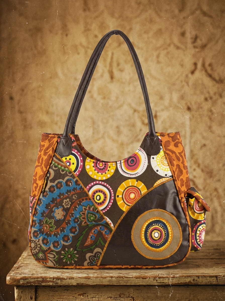 Patchwork-Handtasche aus Canvas und Kunstleder mit bunten Kreis- und Ornamentmustern, langen schwarzen Henkeln, auf Holztisch vor strukturierter Wand.