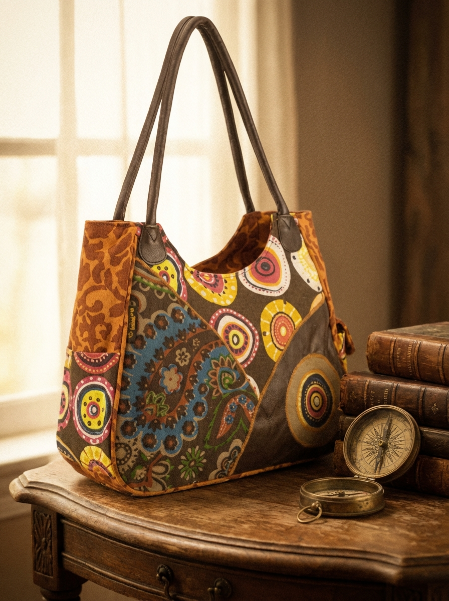 Patchwork-Handtasche aus Canvas und Kunstleder mit bunten Kreis- und Ornamentmustern, langen schwarzen Henkeln, auf Holztisch vor strukturierter Wand.