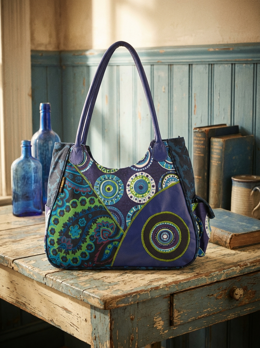 Patchwork-Handtasche aus Canvas und Kunstleder in Blau mit bunten Kreis- und Ornamentmustern, lange blaue Henkel, auf vintage Tisch mit Flaschen und Büchern im Hintergrund.