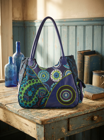 Patchwork-Handtasche aus Canvas und Kunstleder in Blau mit bunten Kreis- und Ornamentmustern, lange blaue Henkel, auf vintage Tisch mit Flaschen und Büchern im Hintergrund.
