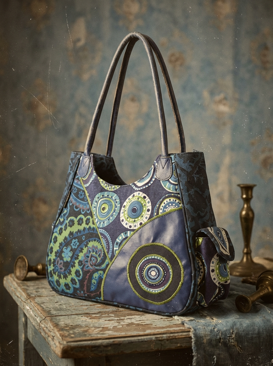 Patchwork-Handtasche aus Canvas und Kunstleder in Blau mit bunten Kreis- und Ornamentmustern, lange blaue Henkel, seitliche Ansicht auf rustikalem Tisch vor blau gemusterter Wand.