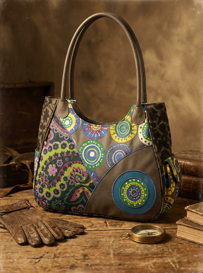 Patchwork-Handtasche aus Canvas und Kunstleder in Grau mit bunten Kreis- und Ornamentmustern, lange graue Henkel, auf Holztisch mit Handschuhen und Kompass im Vordergrund.