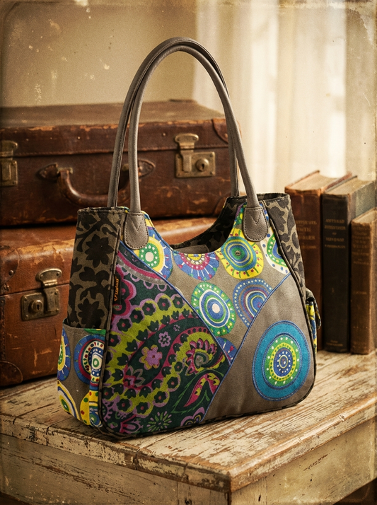 Patchwork-Handtasche aus Canvas und Kunstleder in Grau mit bunten Kreis- und Ornamentmustern, lange graue Henkel, seitliche Ansicht auf vintage Tisch vor Koffern und Büchern.
