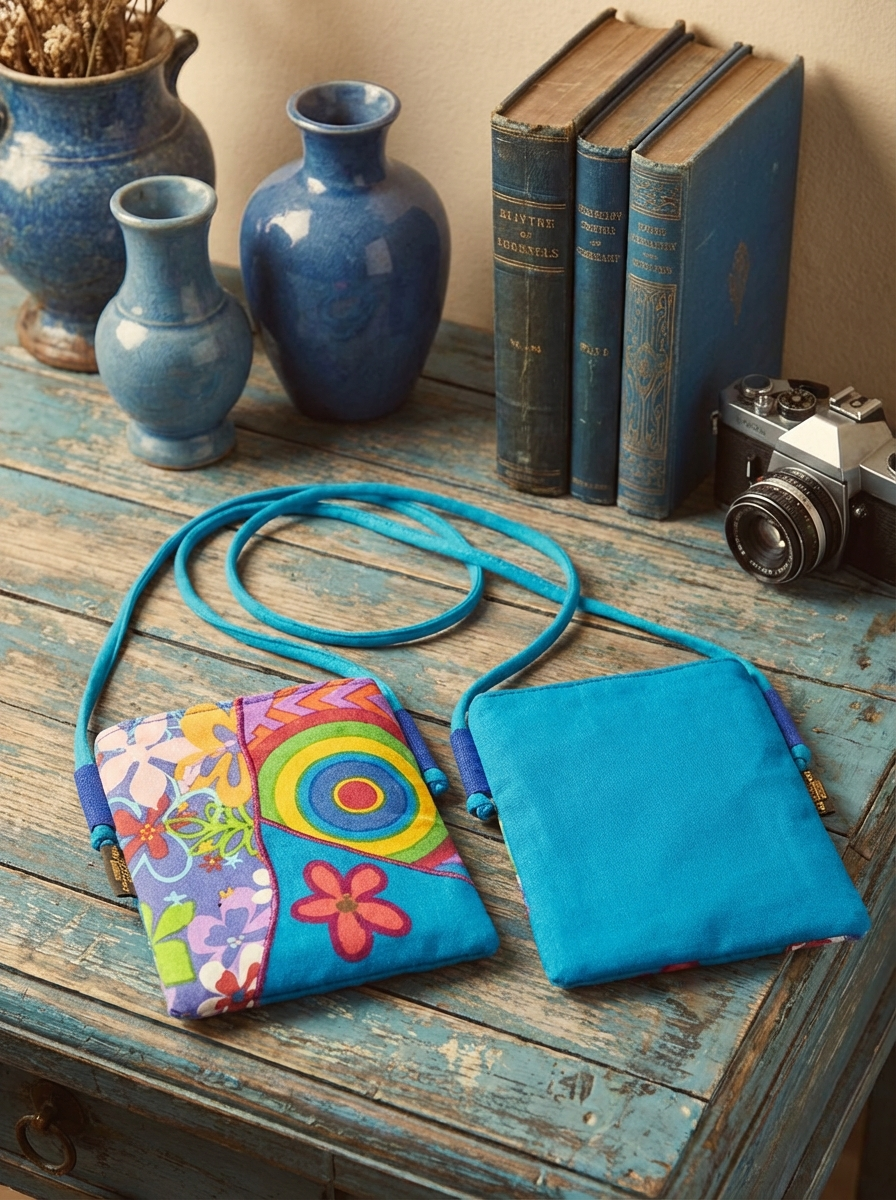 Zwei kompakte Umhängetaschen aus Canvas und Kunstleder mit türkisfarbenen Kordeln, links Patchwork-Front mit Blumen- und Kreismuster, rechts uni türkisfarbene Rückseite, auf blauem Holztisch mit Vasen und Büchern.