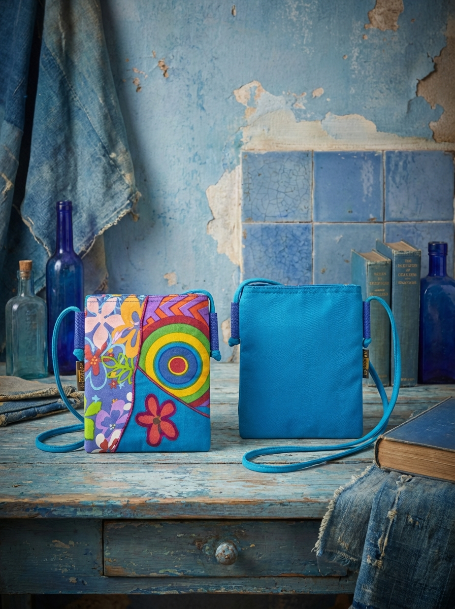 Zwei kompakte Umhängetaschen aus Canvas und Kunstleder, links Patchwork-Front mit Blumen- und Kreismuster, rechts uni türkisfarbene Rückseite, beide mit türkiser Kordel, vor blauer Wand mit Flaschen und Büchern.