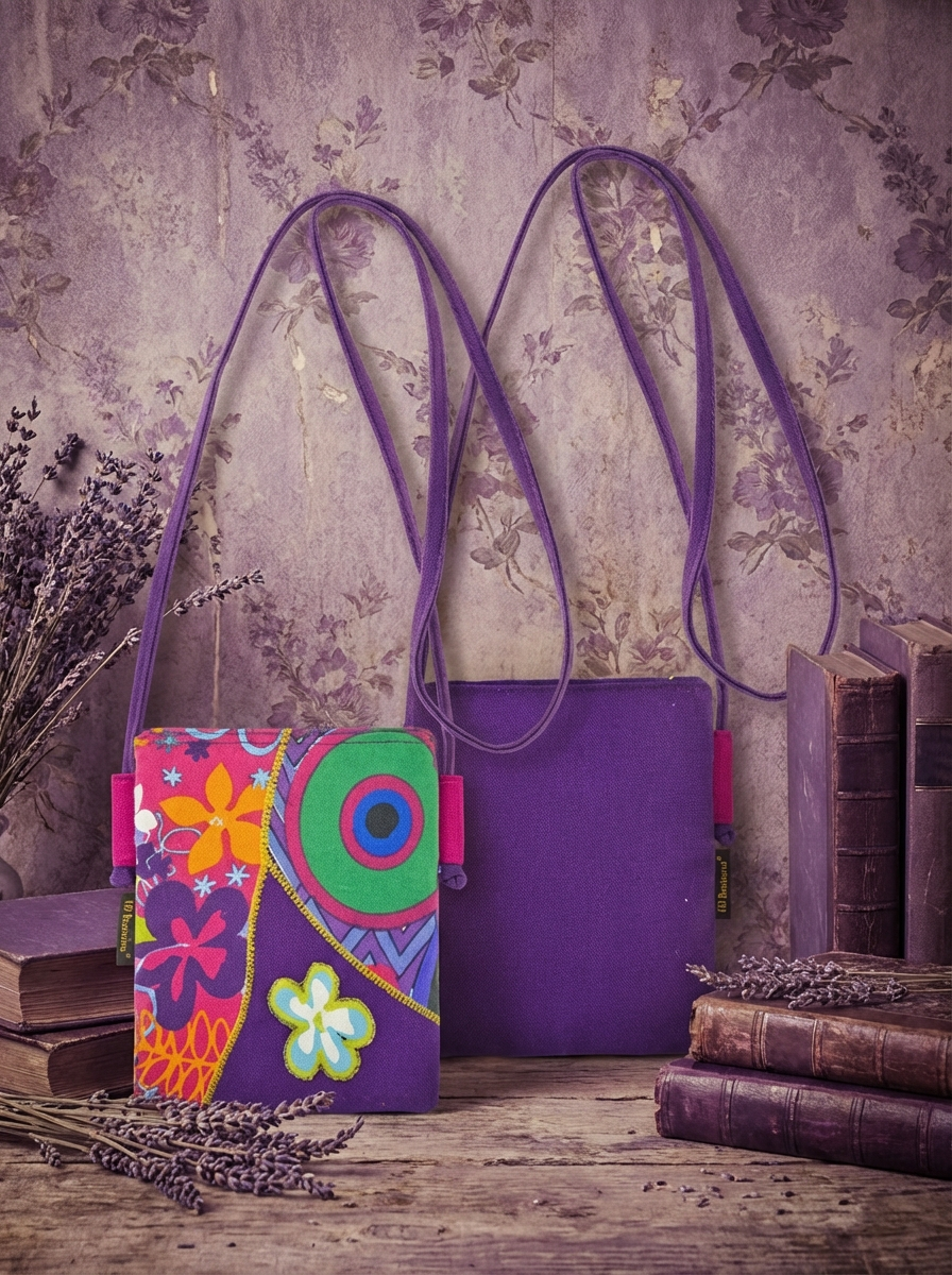 Zwei kompakte Umhängetaschen aus Baumwolle mit violettem Riemen, vorne Patchwork-Front mit bunten Blumen- und Kreismustern, hinten uni violette Rückseite, vor violetter Tapetenwand mit Büchern und Lavendelzweigen.