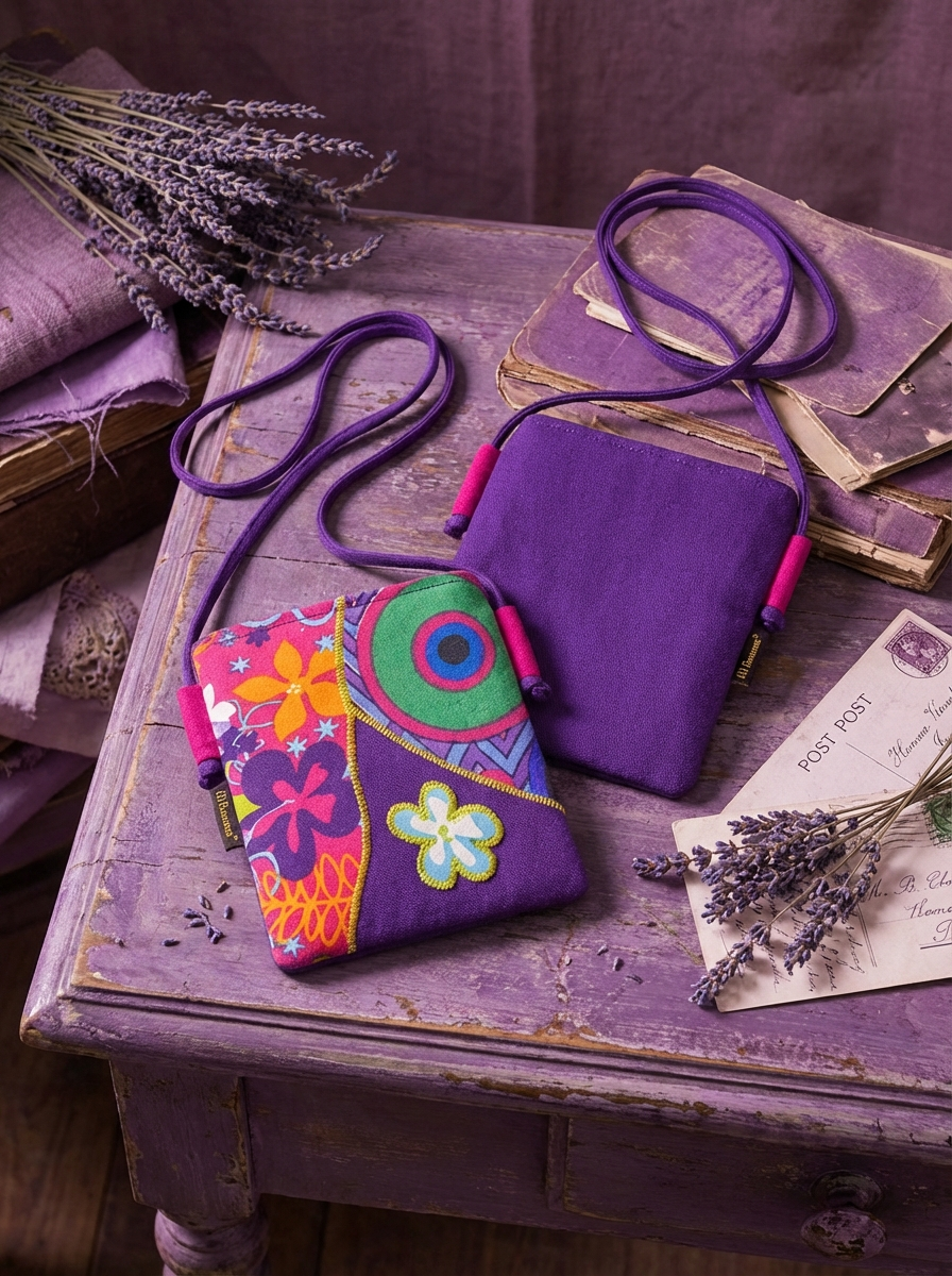 Zwei kompakte Umhängetaschen aus Baumwolle auf violettem Tisch, links Patchwork-Front mit bunten Blumen- und Kreismustern, rechts uni violette Rückseite, beide mit violettem Riemen und pinken Akzenten, mit Lavendel und Postkarte.