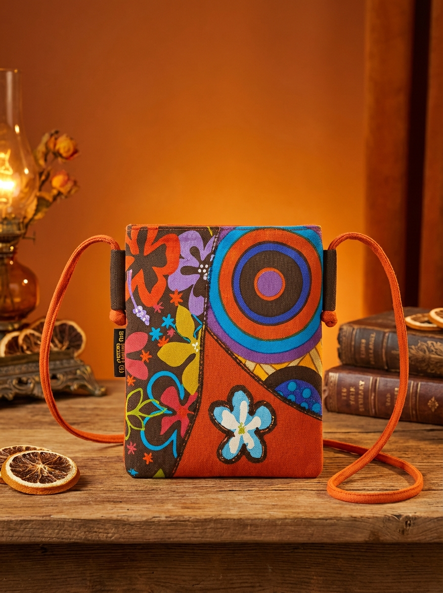 Kompakte Umhängetasche aus Baumwolle mit Patchwork-Front in Blumen- und Kreismuster, orangefarbener Riemen, auf Holztisch vor orangefarbenem Hintergrund mit Büchern und Dekoration.