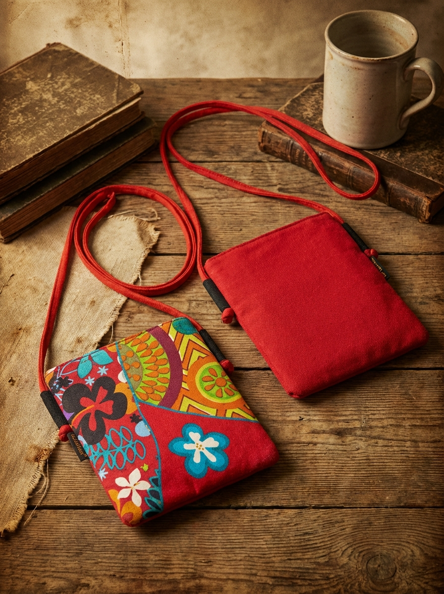 Zwei kompakte Umhängetaschen aus Baumwolle auf Holztisch, links Patchwork-Front mit bunten Blumen- und Retro-Mustern, rechts uni rote Rückseite, beide mit roten Riemen, Bücher und Tasse im Hintergrund.