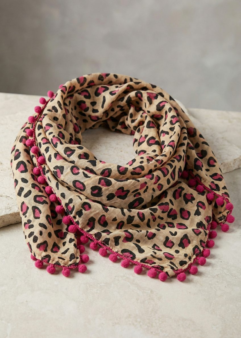 Baumwollschal mit Leopardenmuster und pinken Pommel-Bommeln auf hellem Hintergrund.