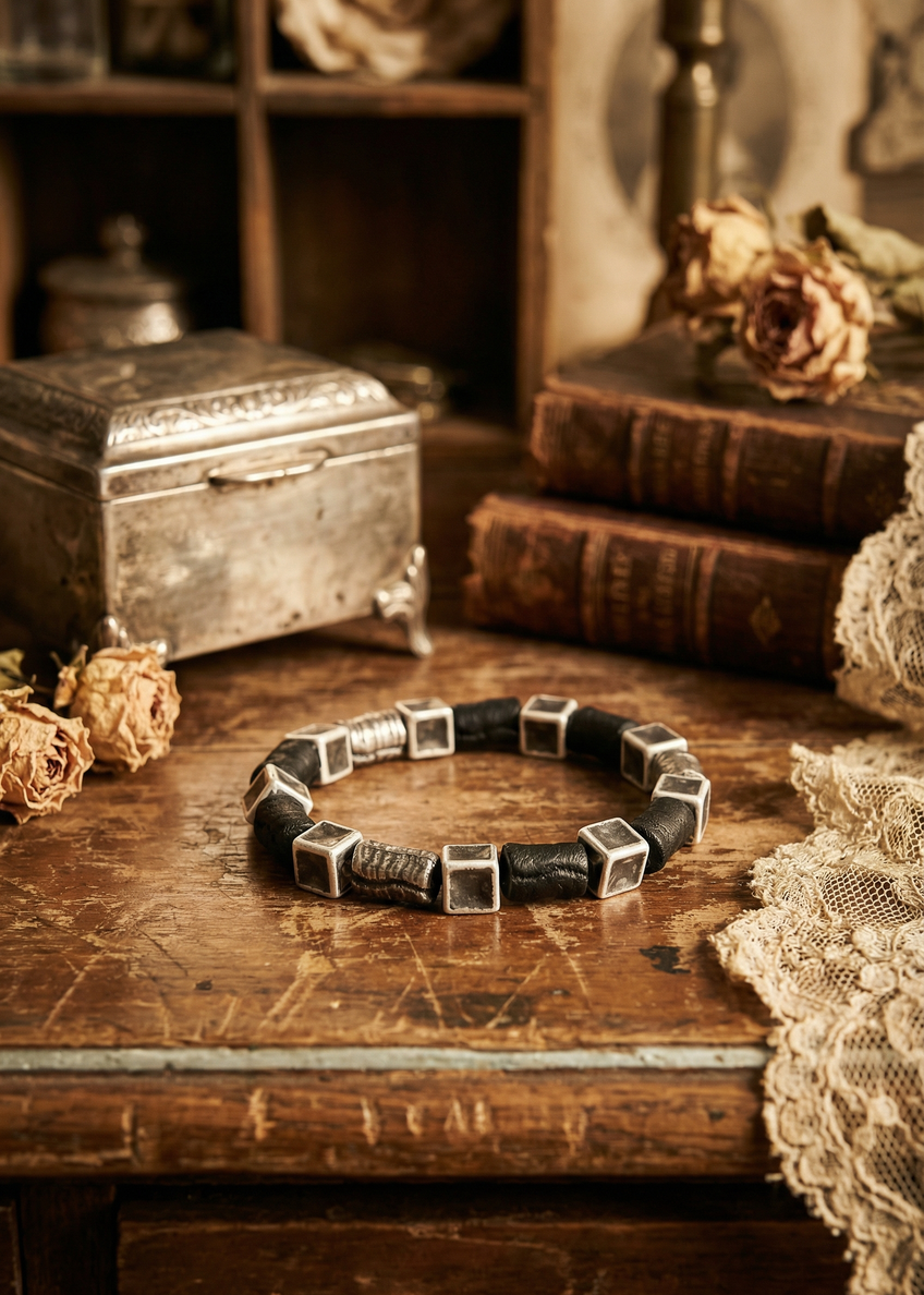 Schwarzes Armband mit runden und eckigen Perlen in Steinoptik auf Holztisch im Vintage-Setting