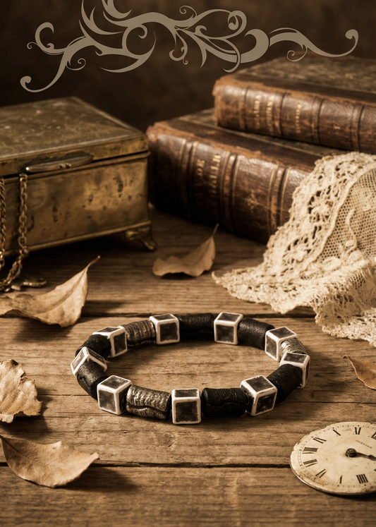 Schwarzes Perlenarmband mit eckigen Elementen im Gothic-Vintage Stil neben alten Büchern und Spitze.