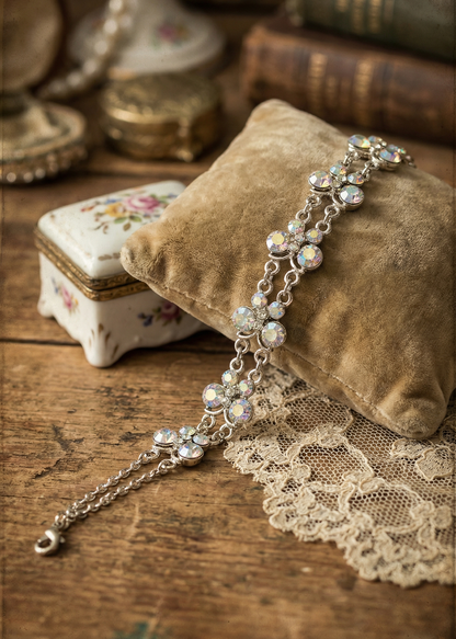 Vintage Kristallarmband mit silberfarbener Kette und schimmernden Steinen auf Samtkissen.