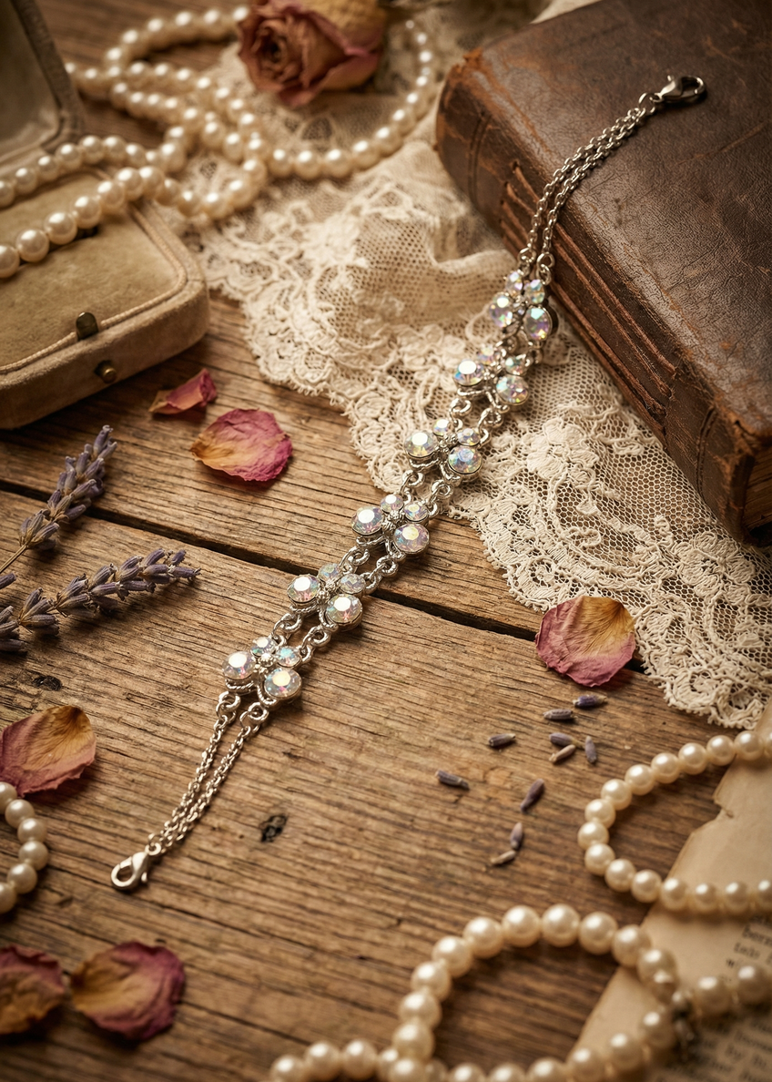 Funkelndes Kristallarmband im Vintage-Stil auf Holzuntergrund mit Spitze und Buch